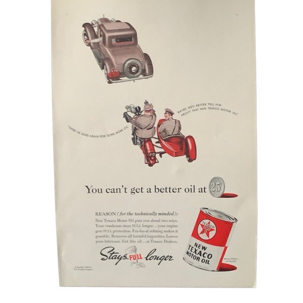 Vintage 1938 Texaco Motor Oil Crankcase Stays Full Ad Advertisement